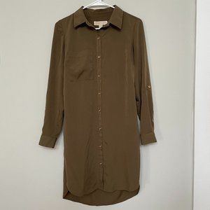 Michael Kors Olive Green Long Sleeve Button-Front Shirtdress